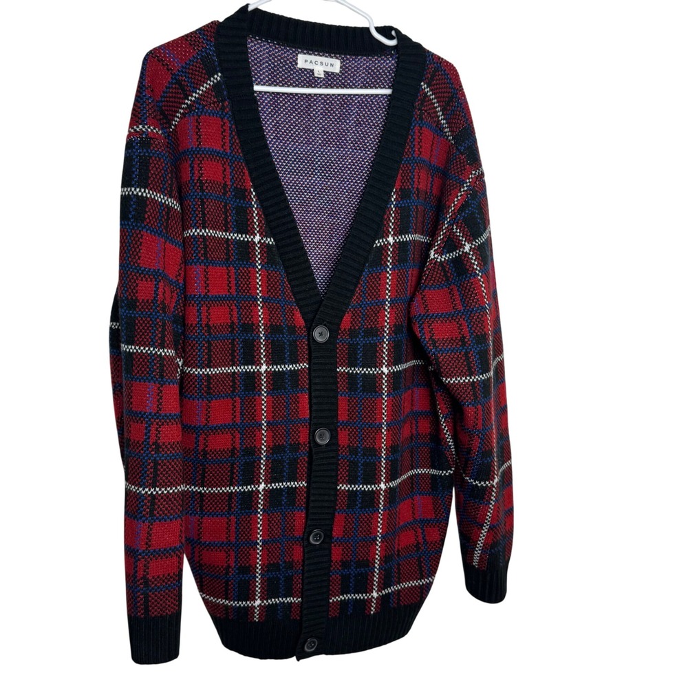 PacSun Tez Knit Plaid Oversized Grandpa Sweater Cardigan Red/Black Large